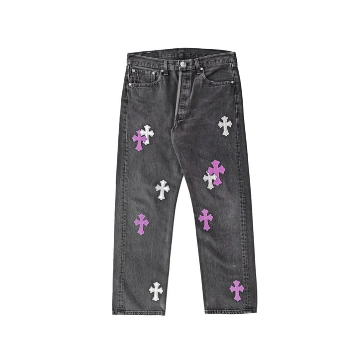 Chrome Hearts Silver Sequin Purple Leather Cross Jeans - SHENGLI ROAD MARKET