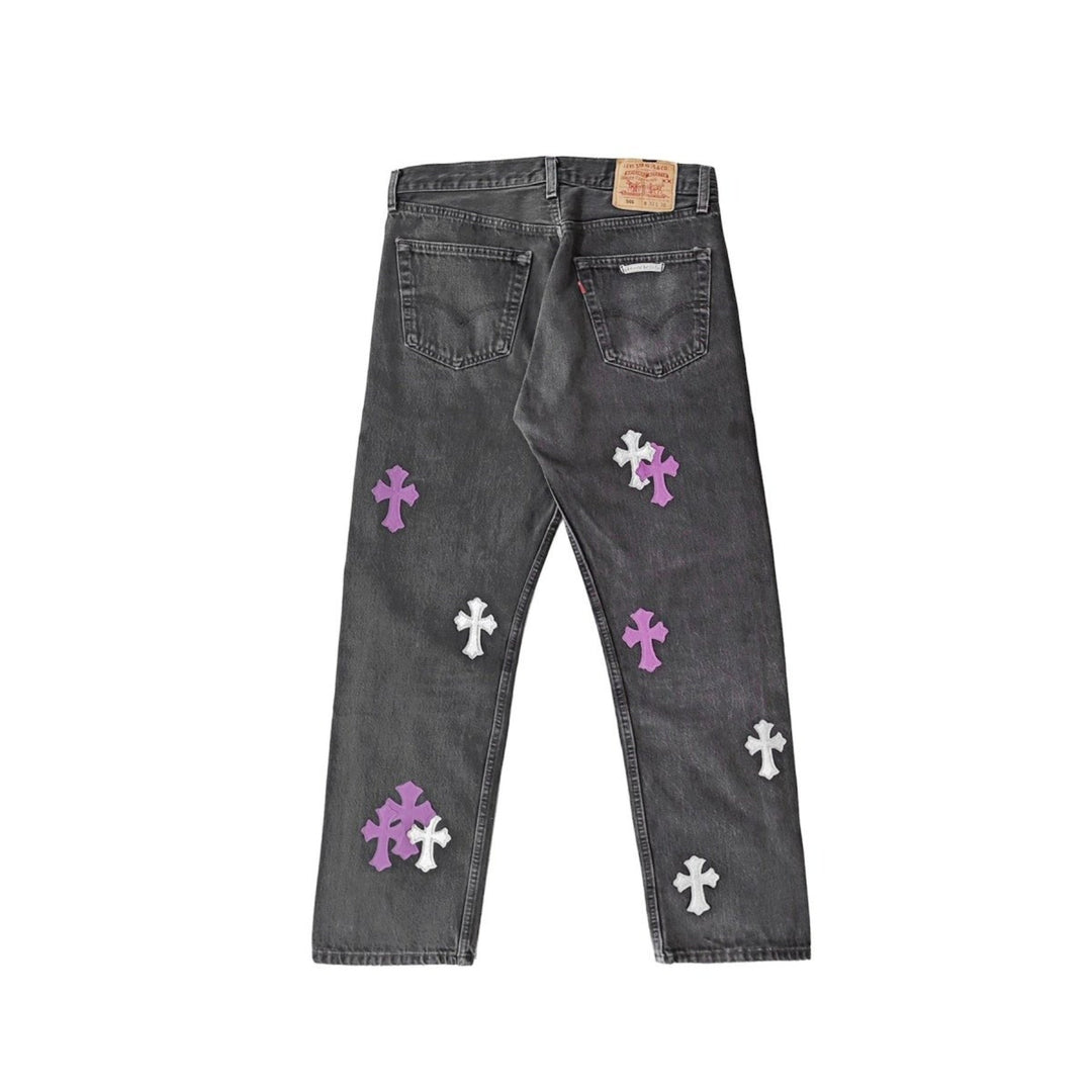 Chrome Hearts Silver Sequin Purple Leather Cross Jeans - SHENGLI ROAD MARKET