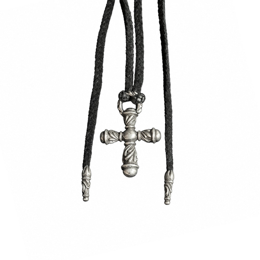 Chrome Hearts Silver Vine Cross Pendant with Braided Leather Necklace - SHENGLI ROAD MARKET