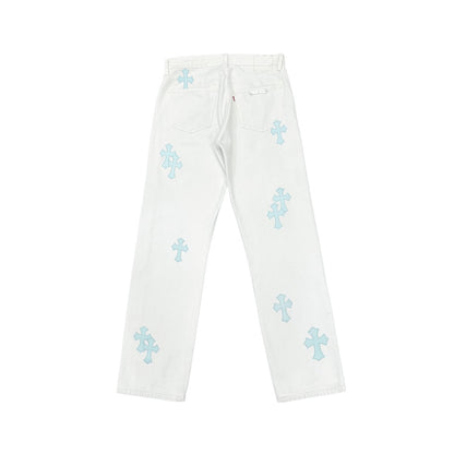 Chrome Hearts St Barth Baby Blue Cross Patch White Jeans - SHENGLI ROAD MARKET