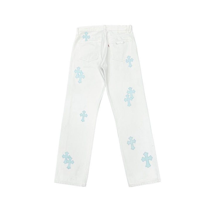 Chrome Hearts St Barth Baby Blue Cross Patch White Jeans - SHENGLI ROAD MARKET