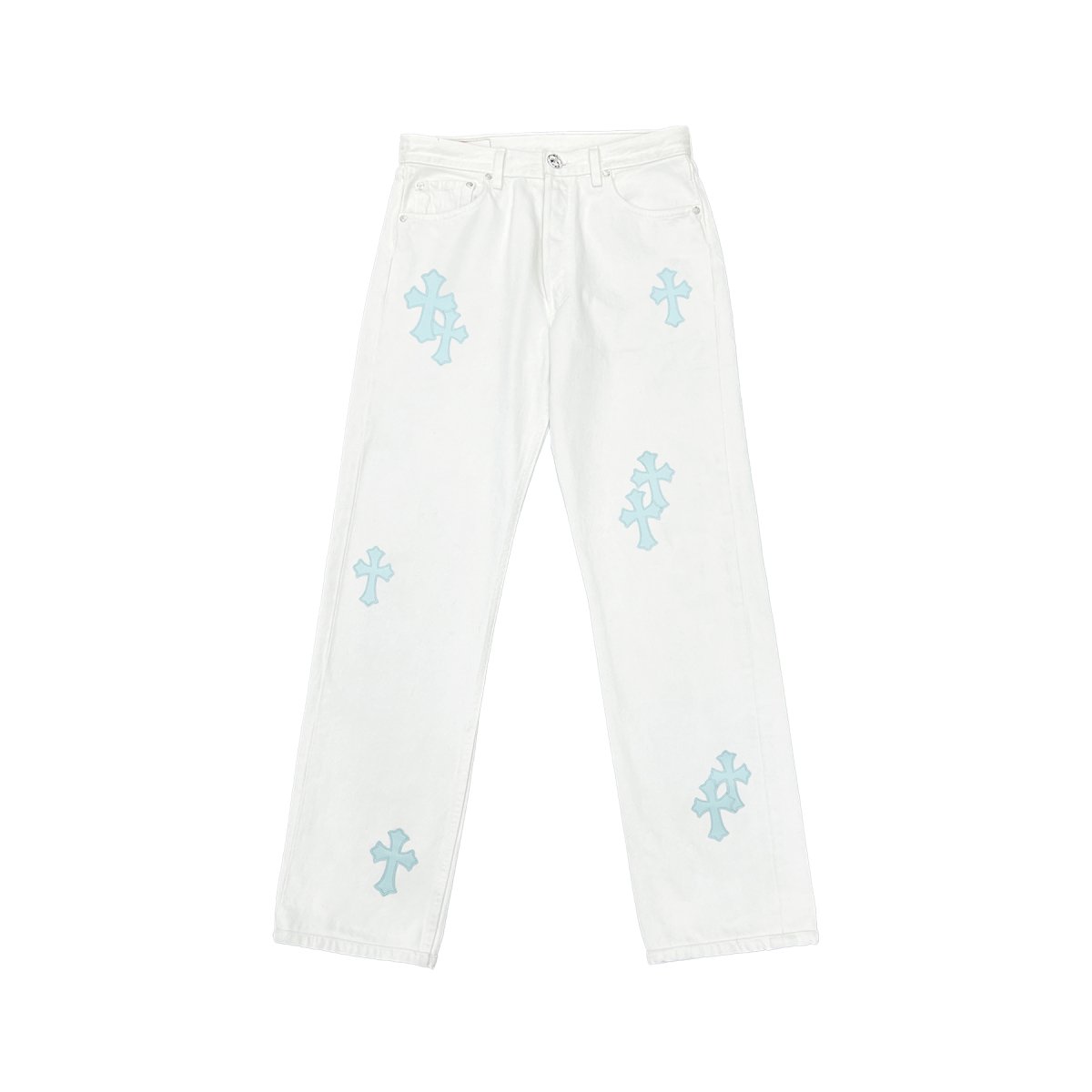 Chrome Hearts St Barth Baby Blue Cross Patch White Jeans