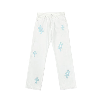 Chrome Hearts St Barth Baby Blue Cross Patch White Jeans - SHENGLI ROAD MARKET