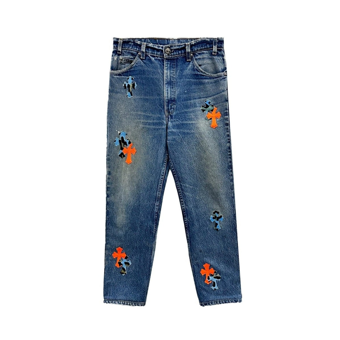 Chrome Hearts St. Barth Levi's Leopard Print Orange Cross Patch Jeans - SHENGLI ROAD MARKET