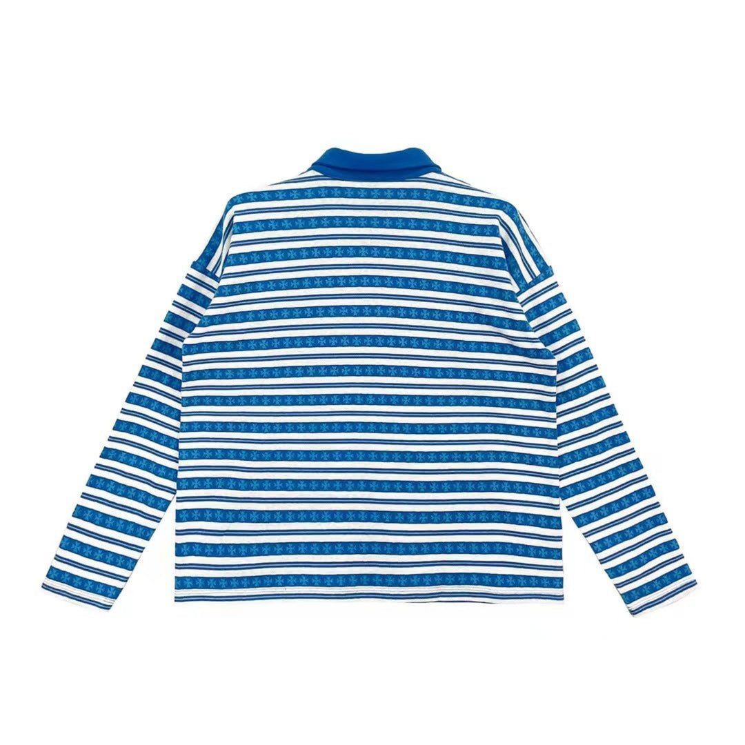 Chrome Hearts Stripe Blue&White Long Sleeve Polo