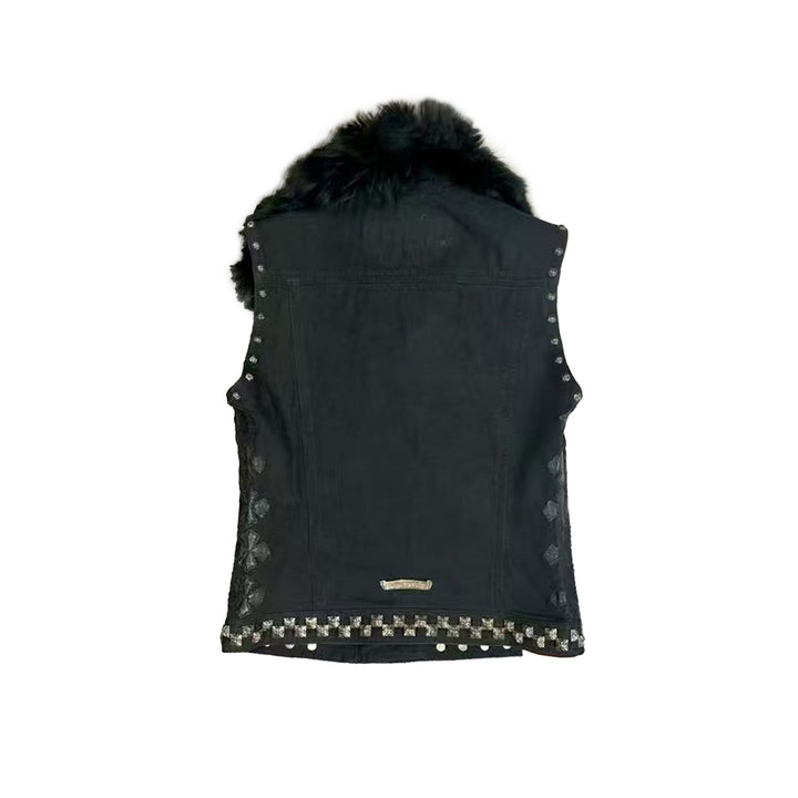 Chrome Hearts Studded Cross Patch Fur Collar Black Biker Vest - SHENGLI ROAD MARKET