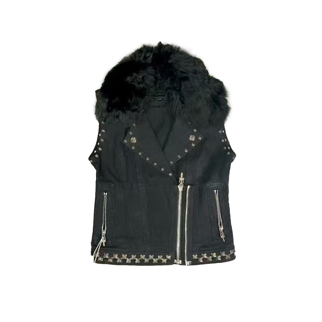 Chrome Hearts Studded Cross Patch Fur Collar Black Biker Vest - SHENGLI ROAD MARKET
