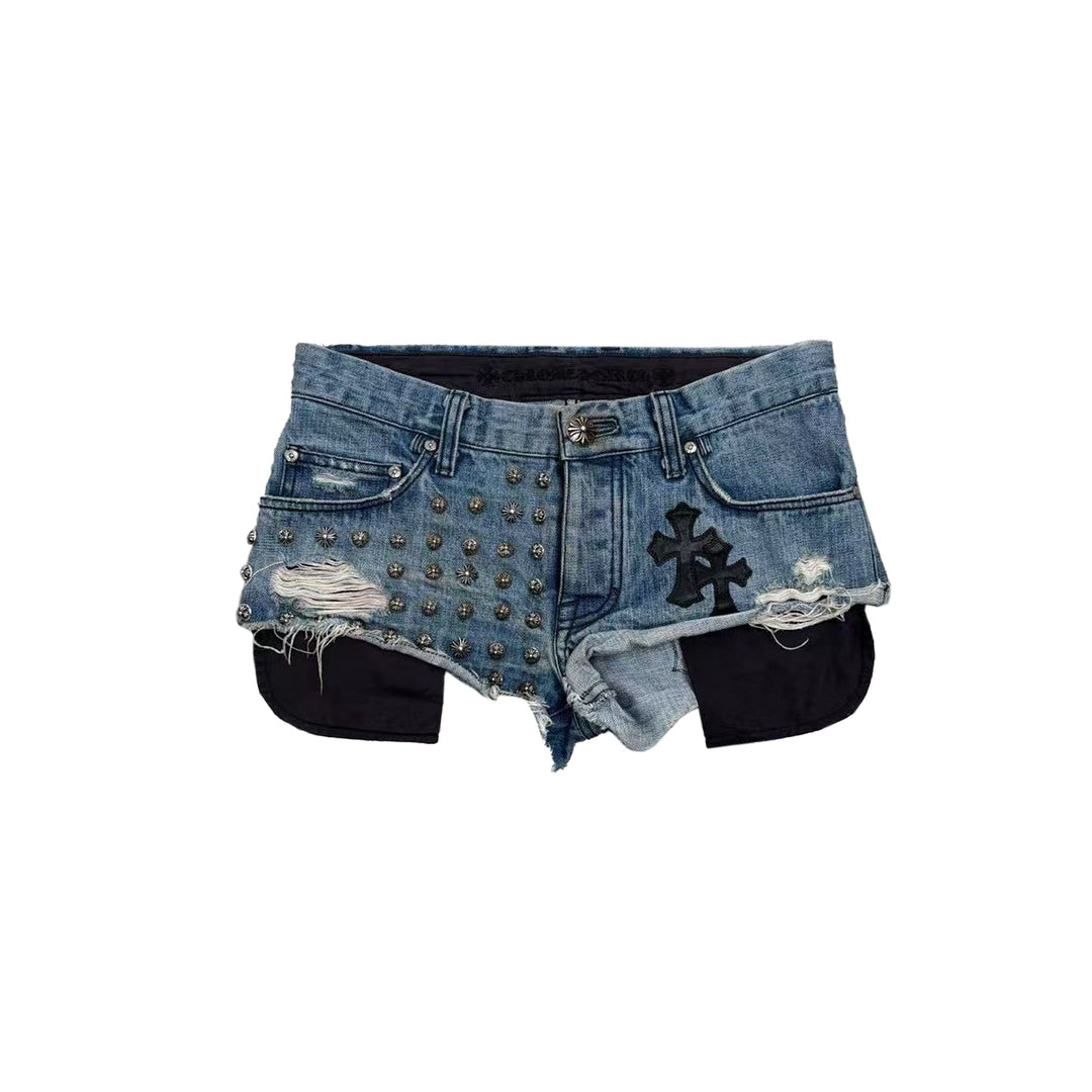 Chrome Hearts Studded Leather Cross Patch Blue Shorts - SHENGLI ROAD MARKET