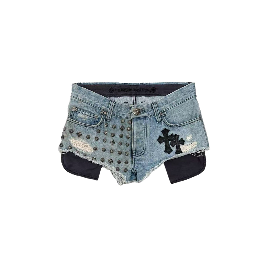 Chrome Hearts Studded Leather Cross Patch Denim Shorts - SHENGLI ROAD MARKET