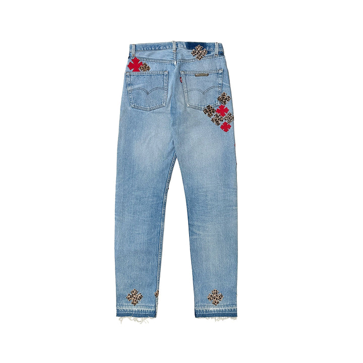 Chrome Hearts Suede Red & Leopard Cross Patch Jeans - SHENGLI ROAD MARKET