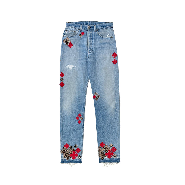 Chrome Hearts Suede Red & Leopard Cross Patch Jeans - SHENGLI ROAD MARKET