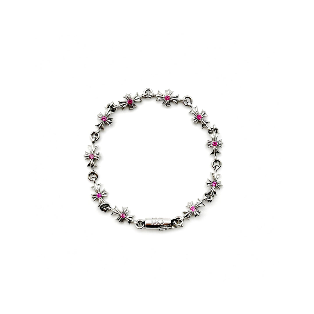Chrome Hearts Tiny E Silver Pink Diamonds Cross Bracelet - SHENGLI ROAD MARKET