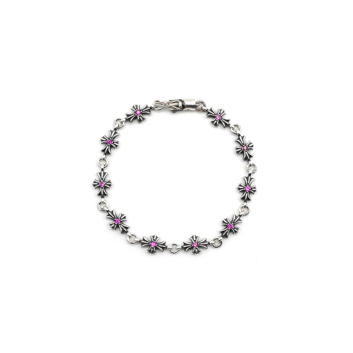 Chrome Hearts Tiny E Silver Pink Diamonds Cross Bracelet - SHENGLI ROAD MARKET
