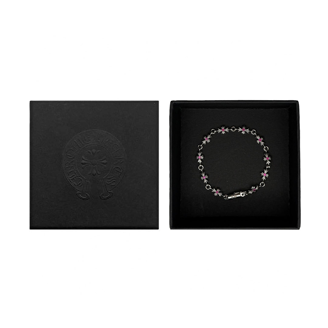 Chrome Hearts Tiny E Silver Pink Diamonds Cross Bracelet - SHENGLI ROAD MARKET