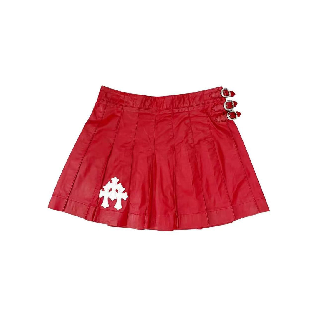 Chrome Hearts Triple Cross Patch Leather Pleated Red Skirt - SHENGLI ROAD MARKET