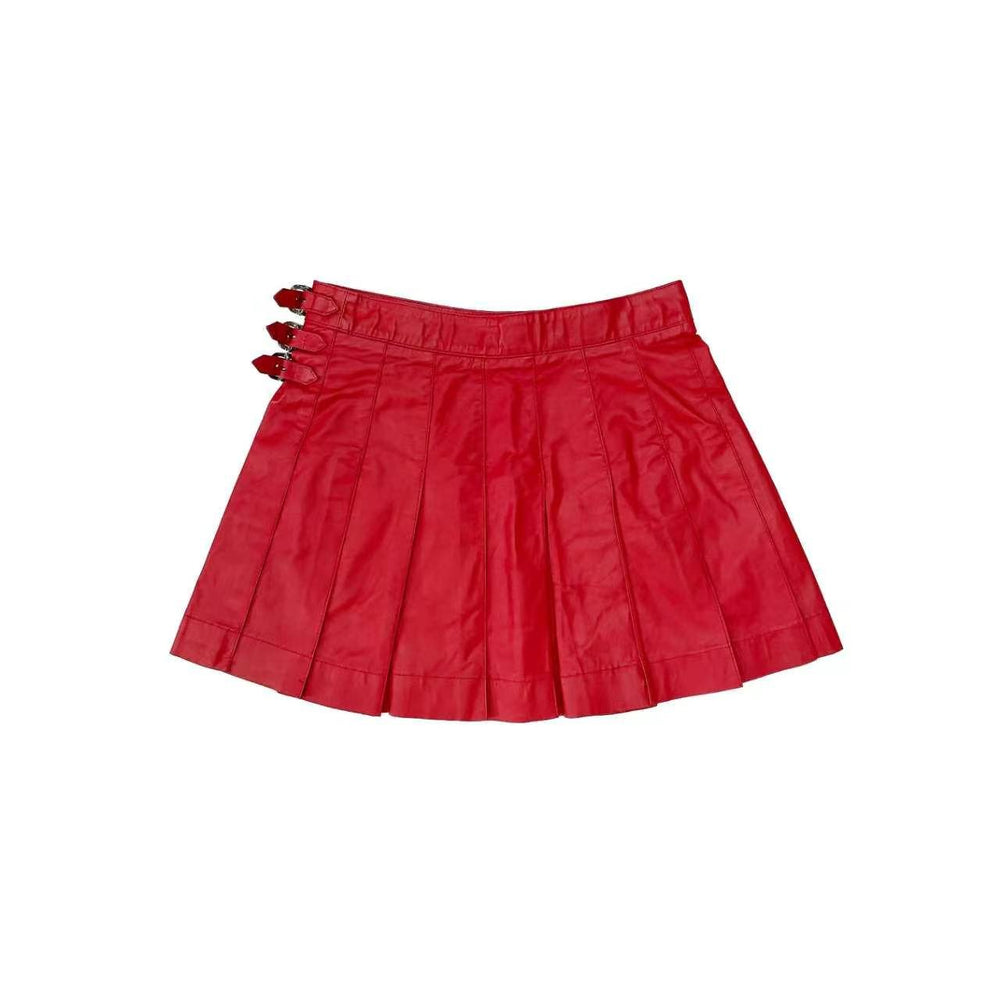 Chrome Hearts Triple Cross Patch Leather Pleated Red Skirt - SHENGLI ROAD MARKET