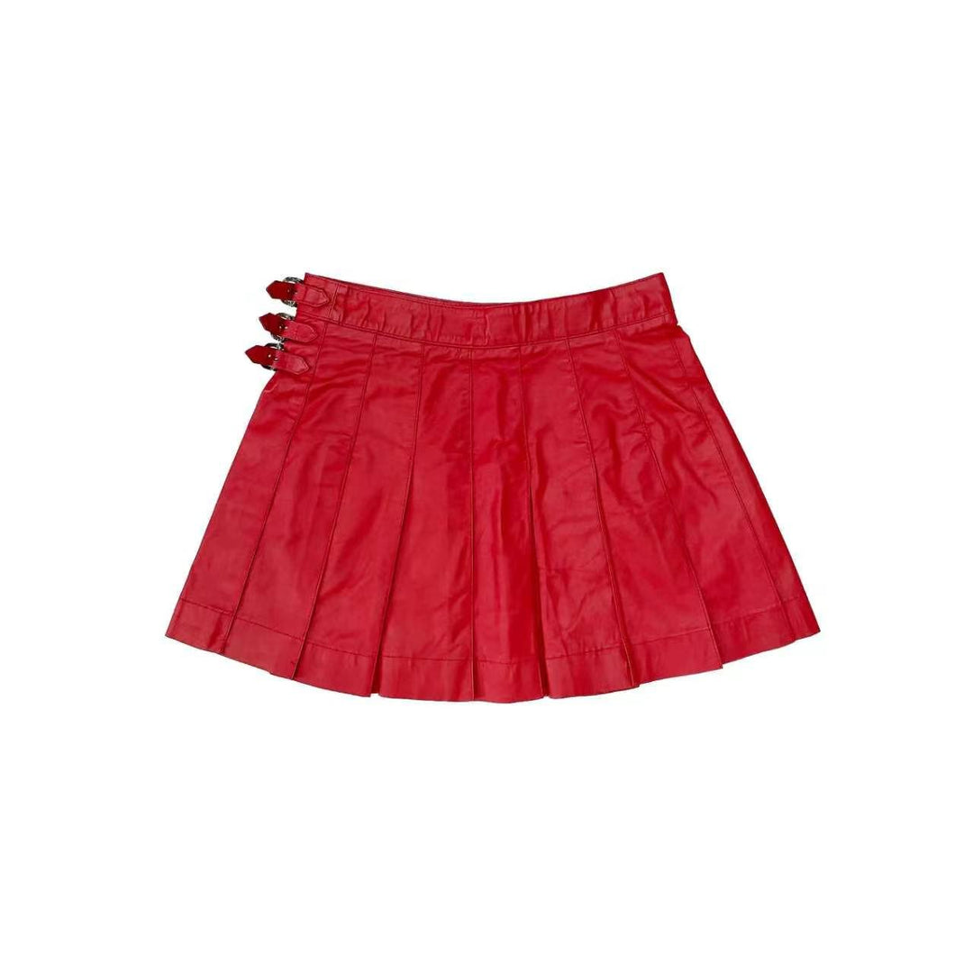 Chrome Hearts Triple Cross Patch Leather Pleated Red Skirt - SHENGLI ROAD MARKET