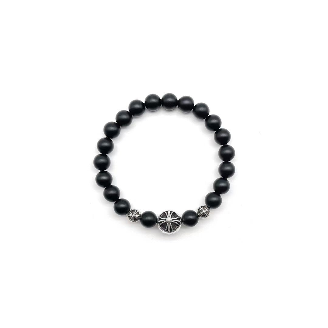 Chrome Hearts Vine Heart 8mm Black Agate 3 Silver Frosted Bracelet - SHENGLI ROAD MARKET