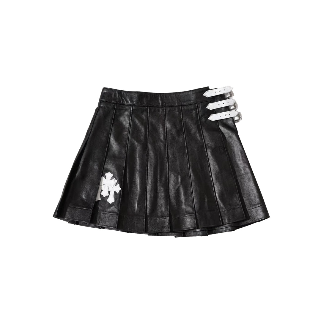 Chrome Hearts White Patent Triple Cross Black Leather Pleated Mini Skirt - SHENGLI ROAD MARKET
