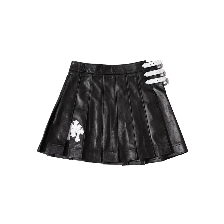 Chrome Hearts White Patent Triple Cross Black Leather Pleated Mini Skirt - SHENGLI ROAD MARKET