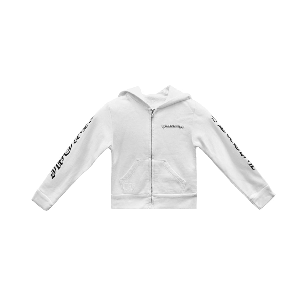 Chrome Hearts White Scroll Logo Zip Up Hoodie For Kids - SHENGLI ROAD MARKET