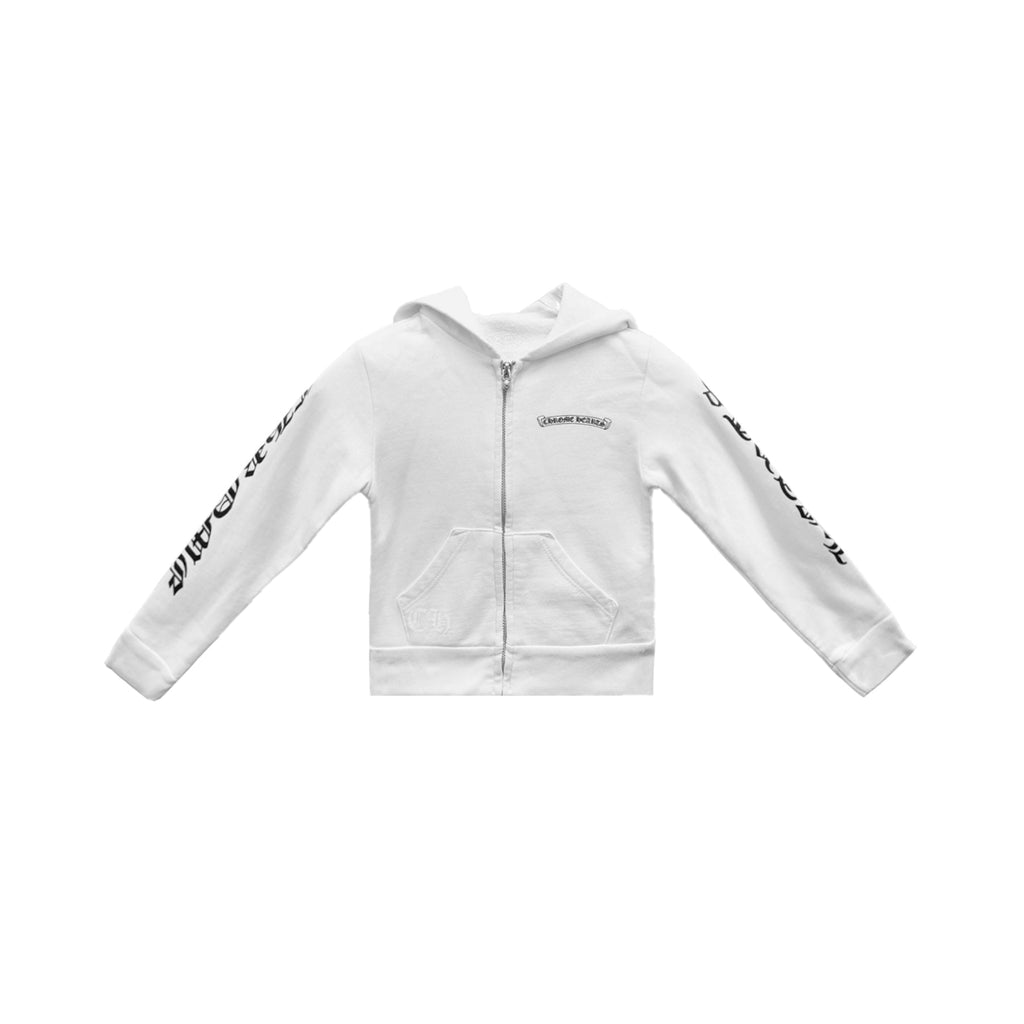 Chrome Hearts White Scroll Logo Zip Up Hoodie For Kids - SRM