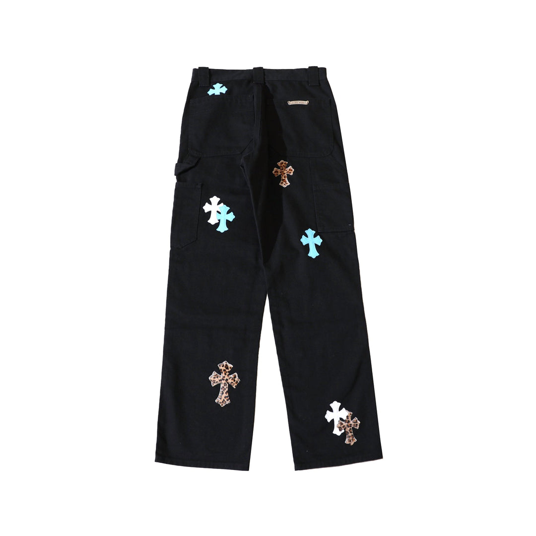 Chrome Hearts White&Blue&Leopard Cross Patch Black Carpenter Pants - SHENGLI ROAD MARKET