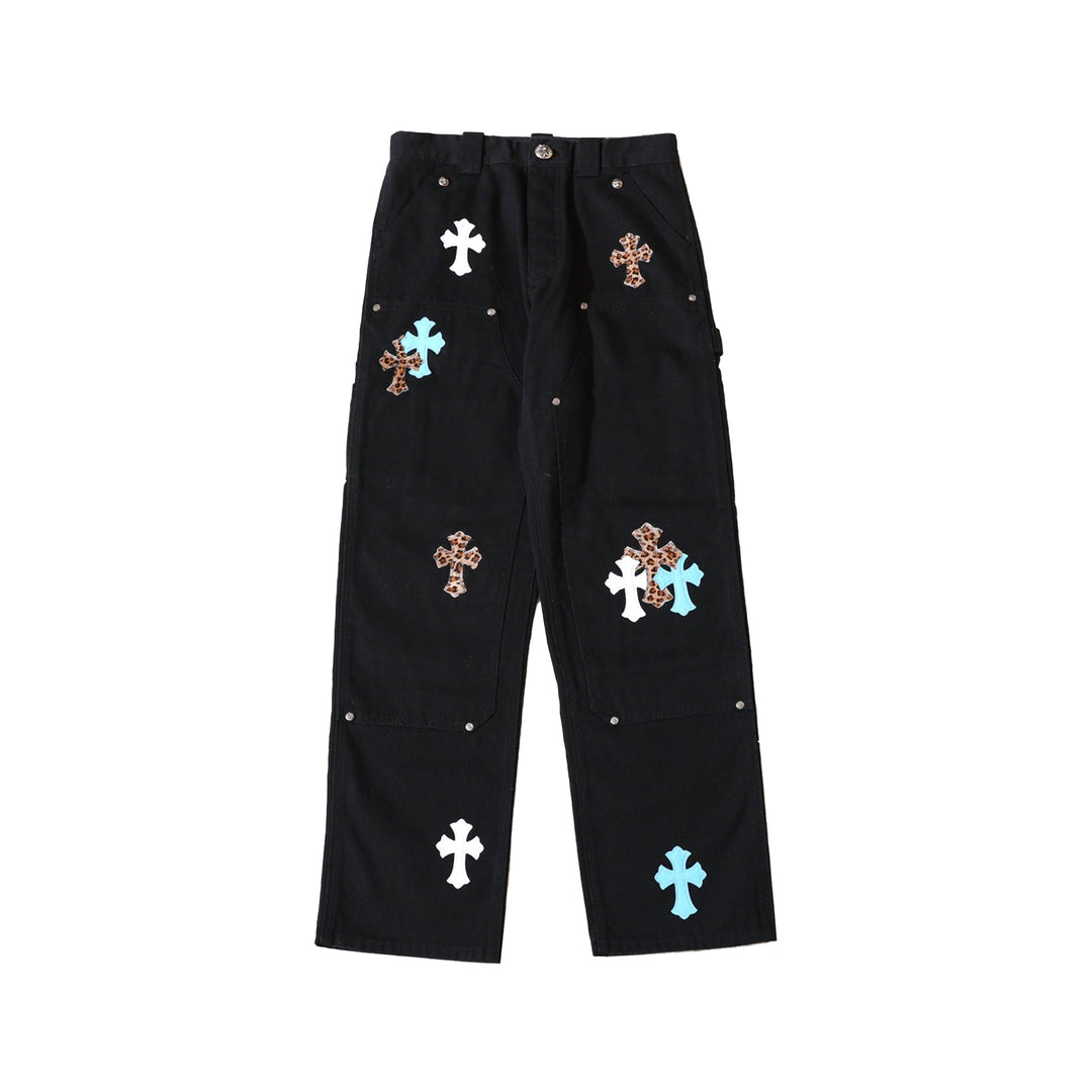 Chrome Hearts White&Blue&Leopard Cross Patch Black Carpenter Pants - SHENGLI ROAD MARKET