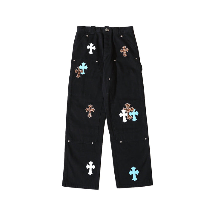 Chrome Hearts White&Blue&Leopard Cross Patch Black Carpenter Pants - SHENGLI ROAD MARKET