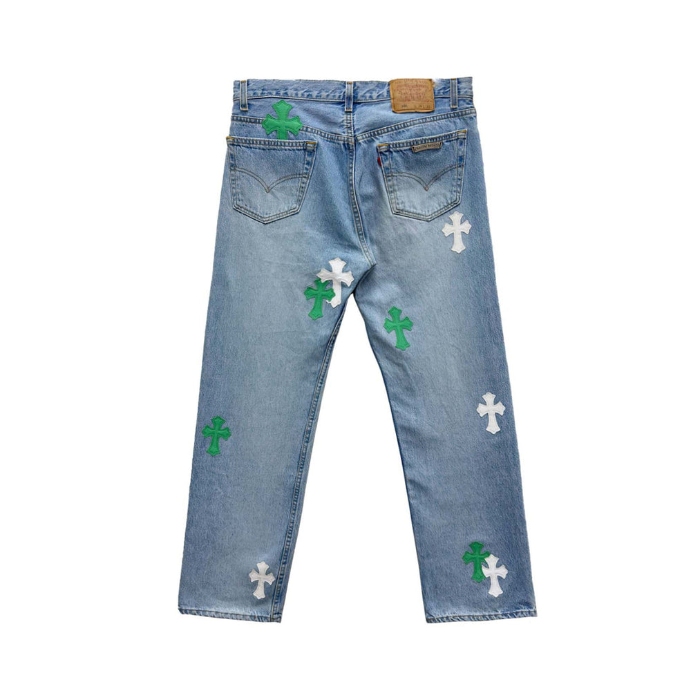 Chrome Hearts White&Green Cross Patch Jeans - SHENGLI ROAD MARKET