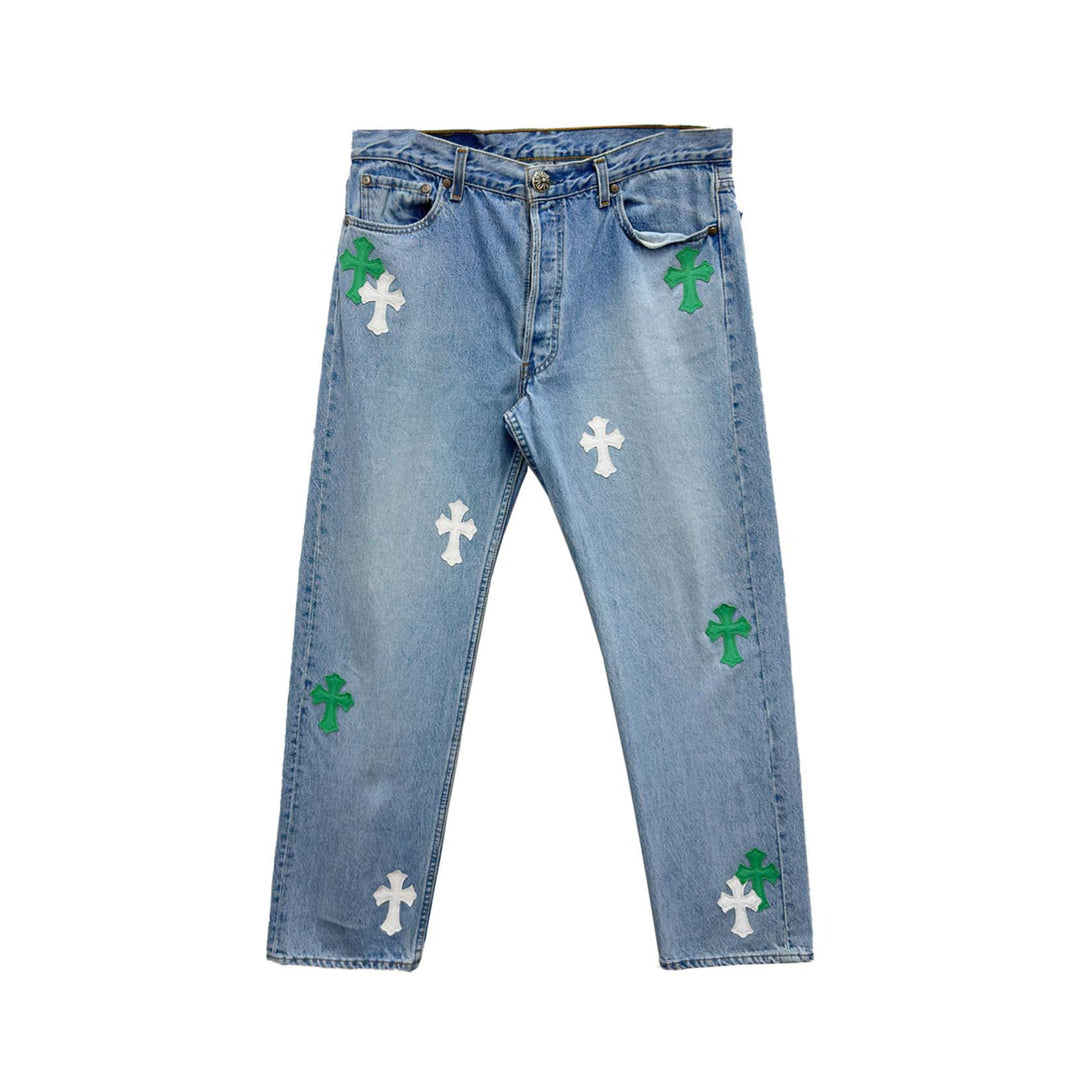 Chrome Hearts White&Green Cross Patch Jeans - SHENGLI ROAD MARKET