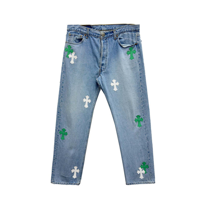 Chrome Hearts White&Green Cross Patch Jeans - SHENGLI ROAD MARKET