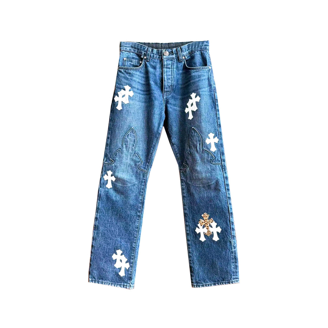 Chrome Hearts White&Leopard Cross Patch Fleur Knee Blue Jeans - SHENGLI ROAD MARKET