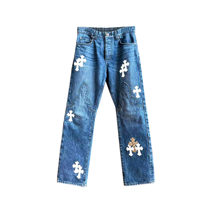 Chrome Hearts White&Leopard Cross Patch Fleur Knee Blue Jeans - SHENGLI ROAD MARKET