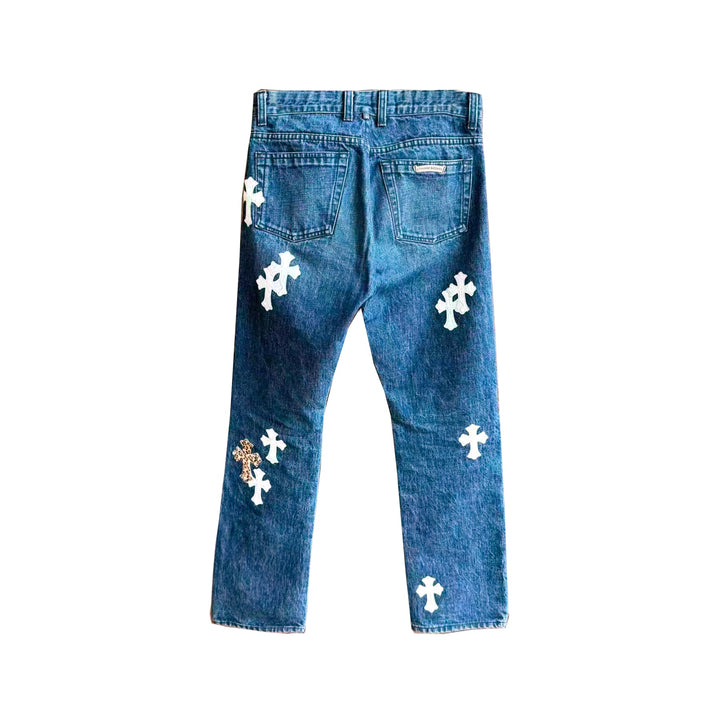 Chrome Hearts White&Leopard Cross Patch Fleur Knee Blue Jeans - SHENGLI ROAD MARKET