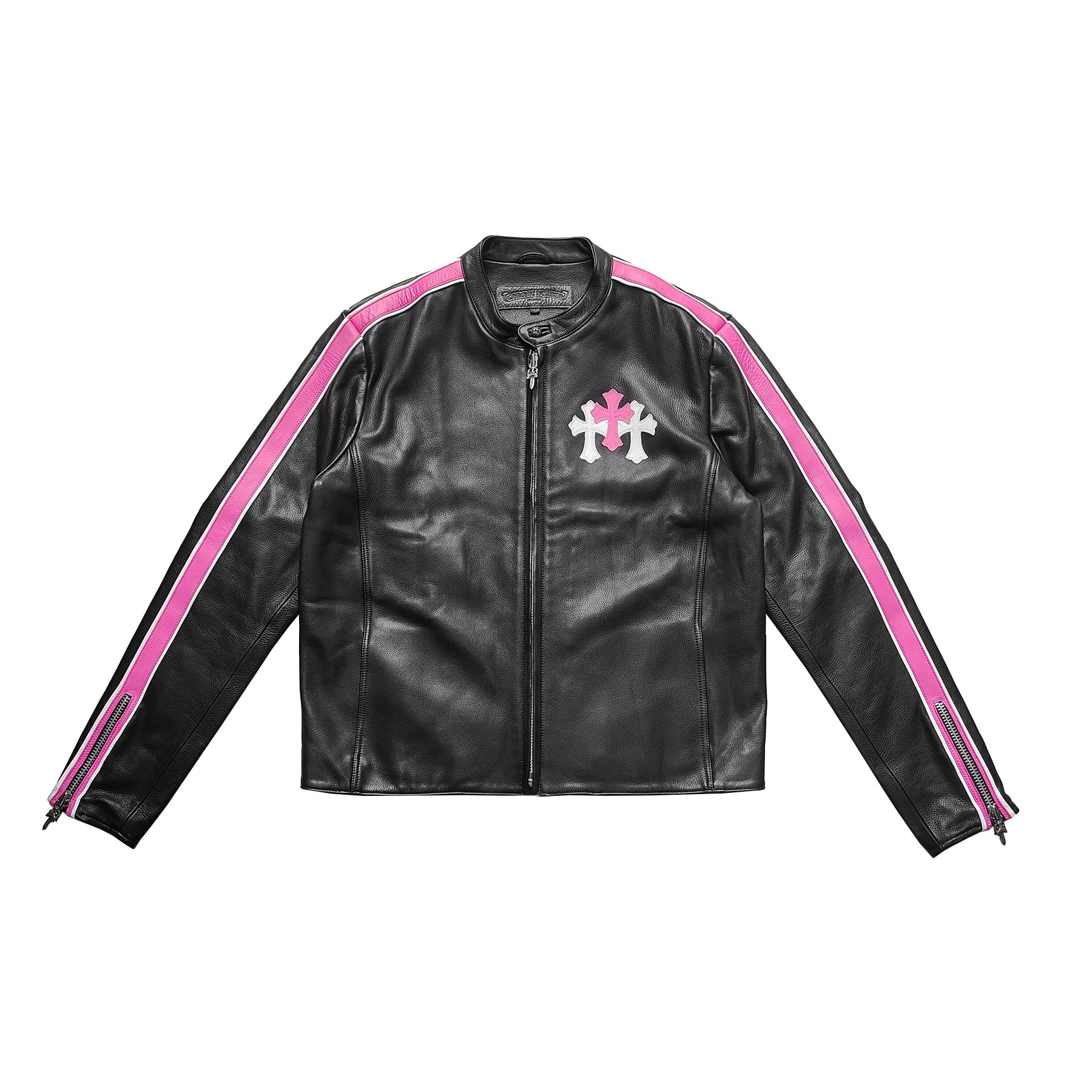 Chrome Hearts White&Pink Cross Leather Patch Black Jacket - SRM