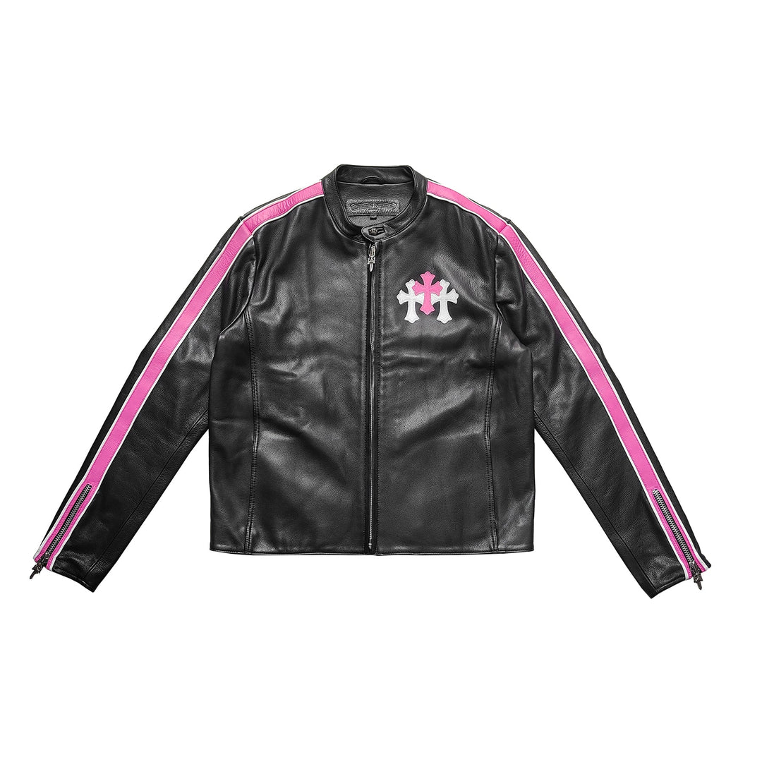 Chrome Hearts White&Pink Cross Leather Patch Black Jacket - SHENGLI ROAD MARKET