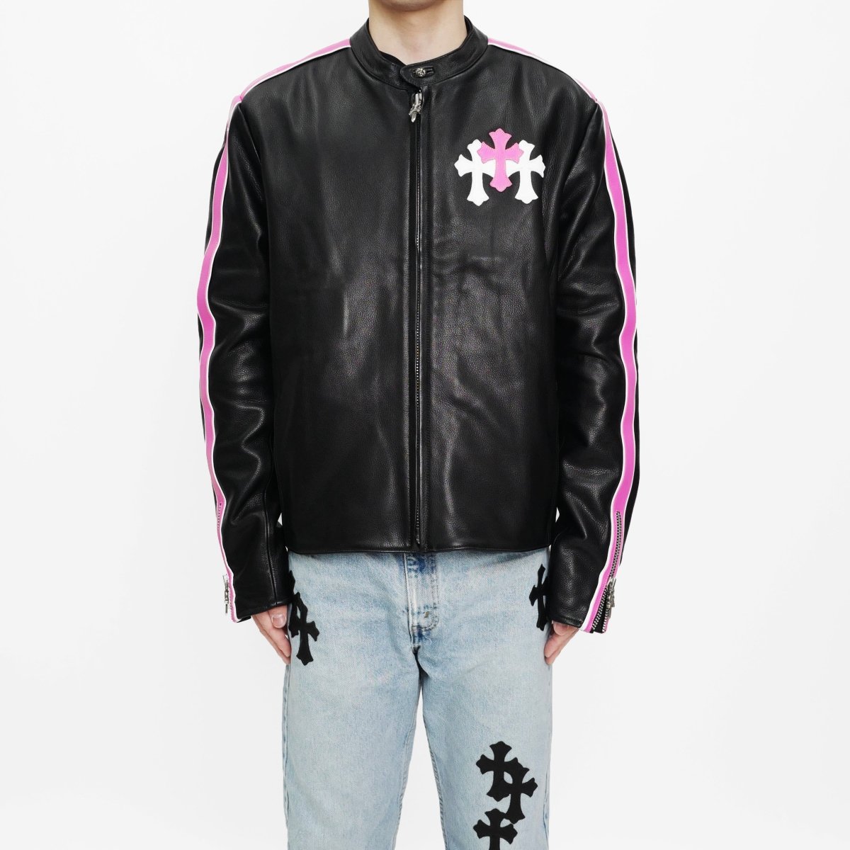 Chrome Hearts White&Pink Cross Leather Patch Black Jacket