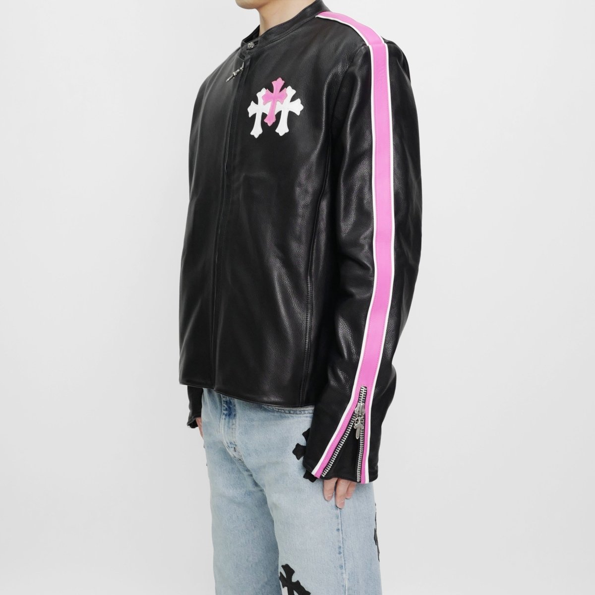 Chrome Hearts White&Pink Cross Leather Patch Black Jacket