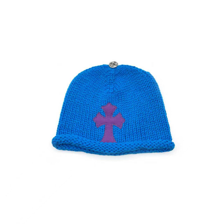 Chrome Hearts Cashmere Purple Cross Leather Patch Blue Beanie