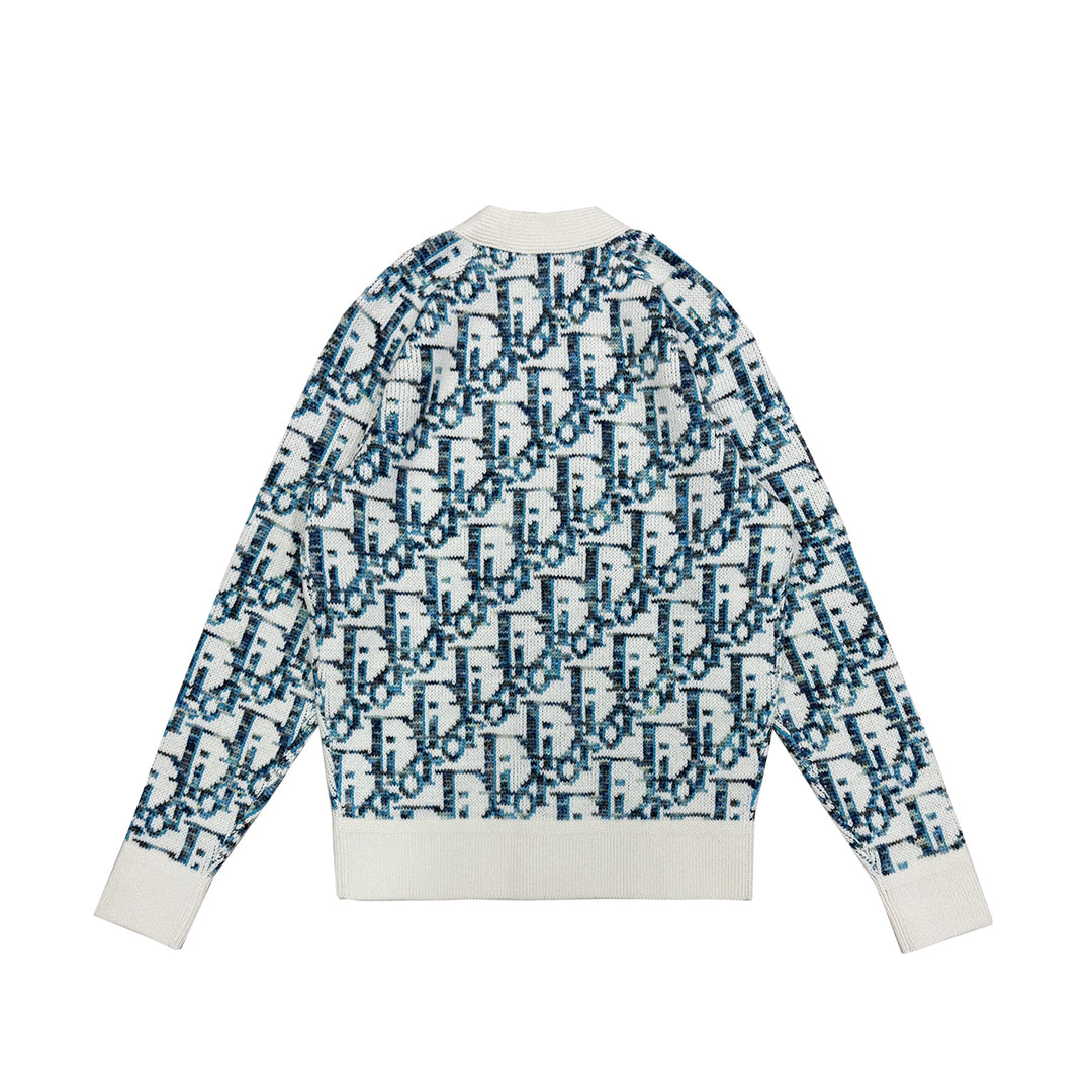 Dior Oblique Logo Print Knit White&Blue Cardigan - SHENGLI ROAD MARKET