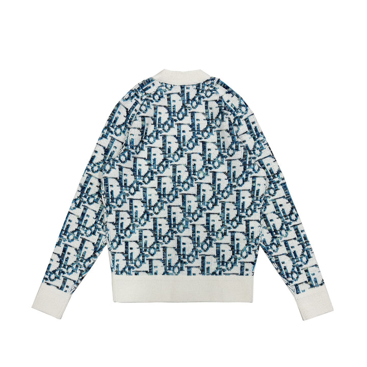 Dior Oblique Logo Print Knit White&Blue Cardigan - SHENGLI ROAD MARKET