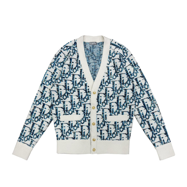 Dior Oblique Logo Print Knit White&Blue Cardigan - SHENGLI ROAD MARKET