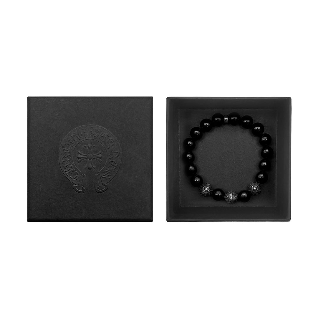 Chrome Hearts 10mm Black Obsidian 4 Silver Beaded Bracelet