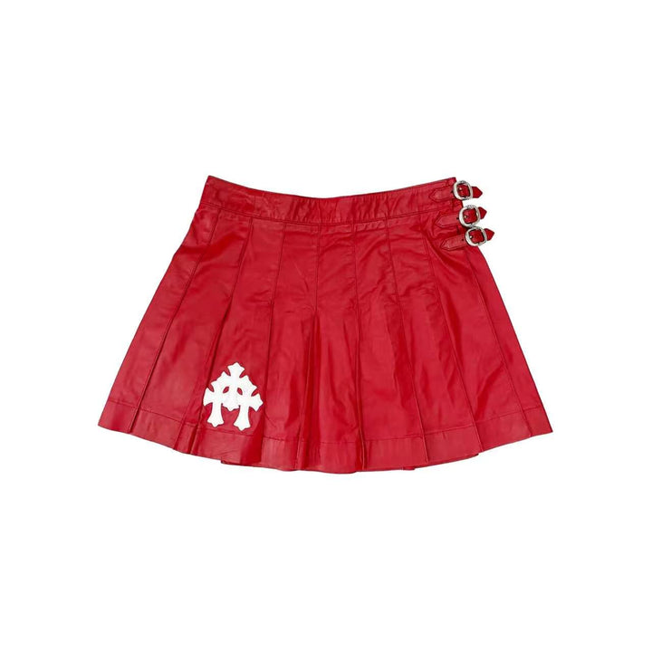 Chrome Hearts Triple Cross Patch Leather Pleated Red Skirt