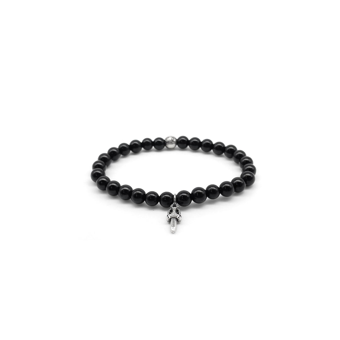 Chrome Hearts 6mm Obsidian Silver Dagger Pendant Beaded Bracelet