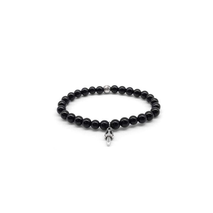 Chrome Hearts 6mm Obsidian Silver Dagger Pendant Beaded Bracelet