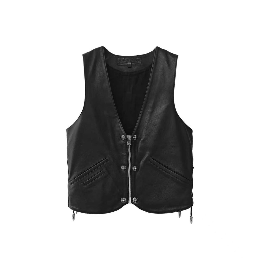 Chrome Hearts Silver Cross Leather Patch Drawstring Black Vest