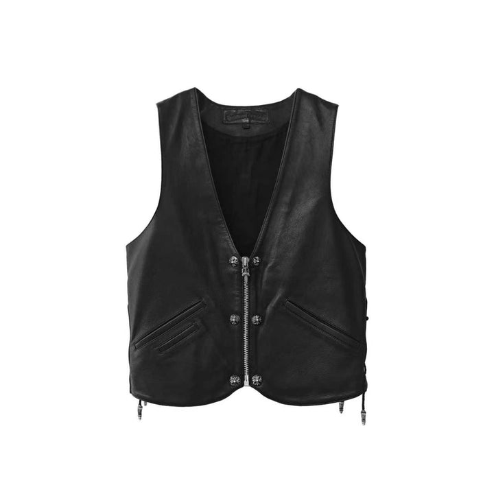 Chrome Hearts Silver Cross Leather Patch Drawstring Black Vest