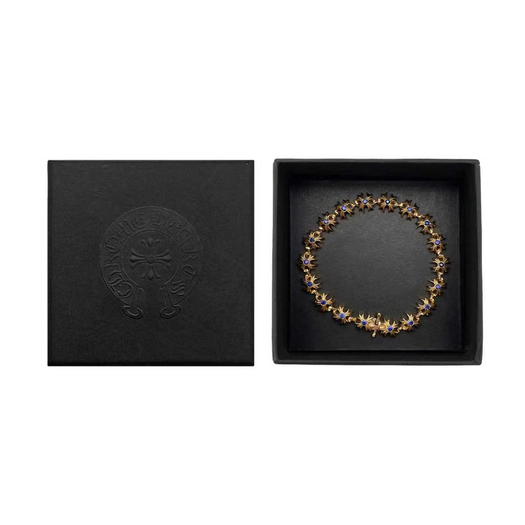 Chrome Hearts 22K Gold Tiny Plus Cross Blue Saph ID Bracelet